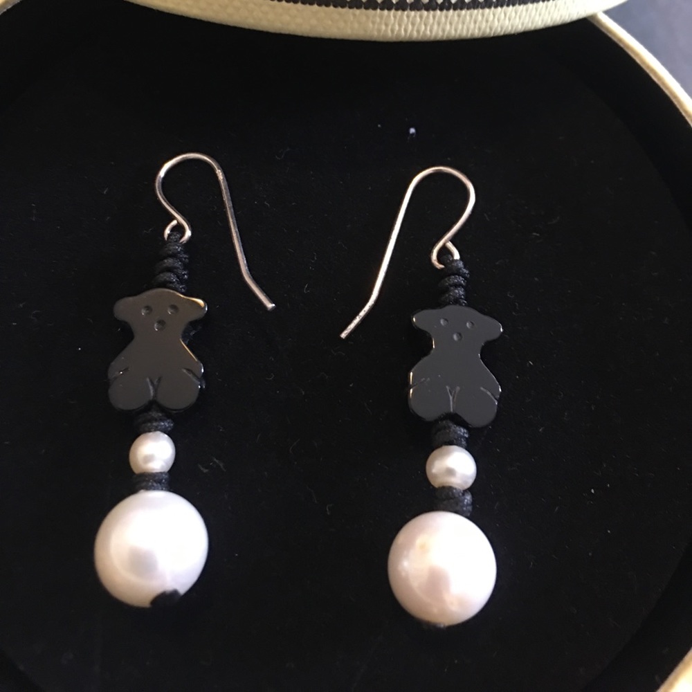 Tous onyx and pearl hook silver earrings